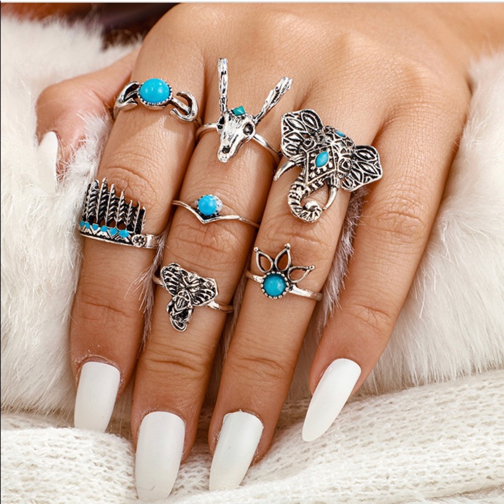 7 Piece Elephant Head Ring Set